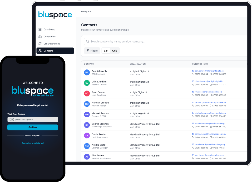 bluspace CRM on desktop and mobile
